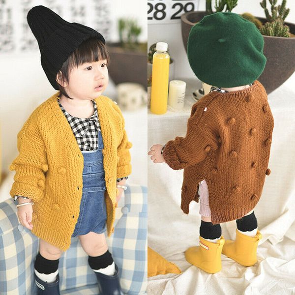 

girls sweater woolen coat for girls pom pom decor cardigan for a girl autumn winter baby girl sweater coat, White
