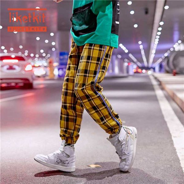 

liketkit mens hip hop plaid joggers pants 2020 new side striped harem pants male harajuku sweatpants japanese vintage streetwear, Black