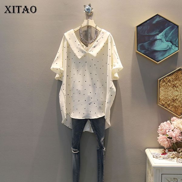 

xitao]2019 summer korea fashion new women v-neck short sleeve polka dot casual shirt female pullover irregular blouse zq2208, White