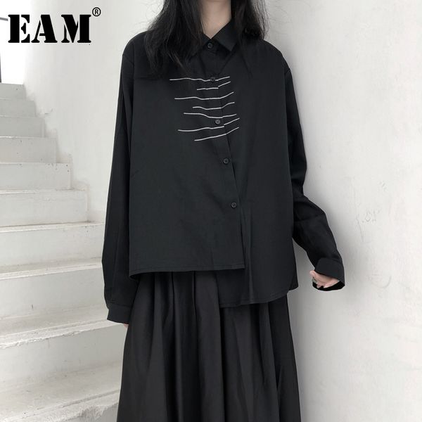 

eam] women black asymmetrical print big size blouse new lapel long sleeve loose fit shirt fashion tide spring autumn 2019 1k828, White