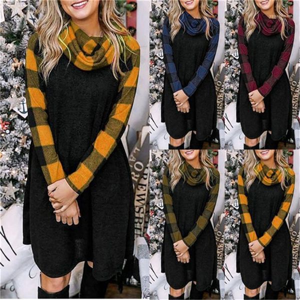 

плед печатных панелями осень и зима повседневная с длинными рукавами ворс воротник платья модные женские платья плюс размер платья, Black;gray