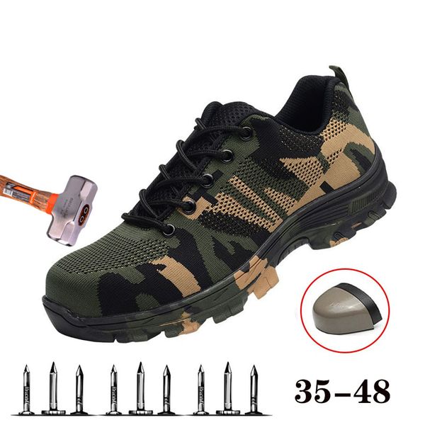 

men's large size construction shoes work boots steel toe men's camouflage safety shoes breathable puncture steel head protective, Black