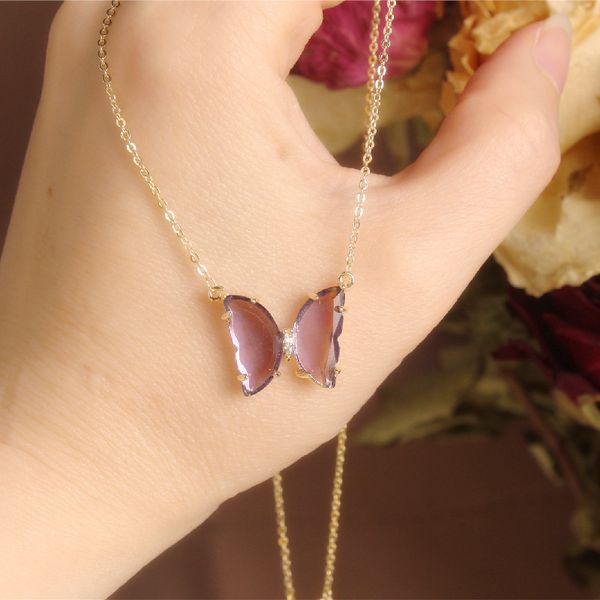 

2020 korean new design fashion jewelry exquisite butterfly purple glass pendant necklace elegant female clavicle necklace, Silver