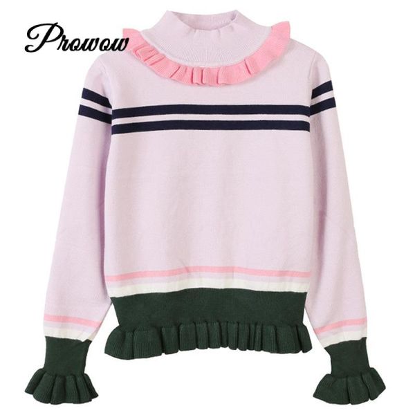 

2020 spring summer brand design high collar pullover loose clothes women pink patchwork ruffles striped embroidered sweater, White;black