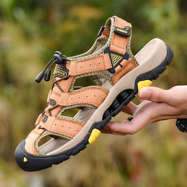 

male shoes 2020 genuine leather sandal summer shoes men beach sandals hollow 39 outdoor casual non-slip hiking sneakers footwear, Black
