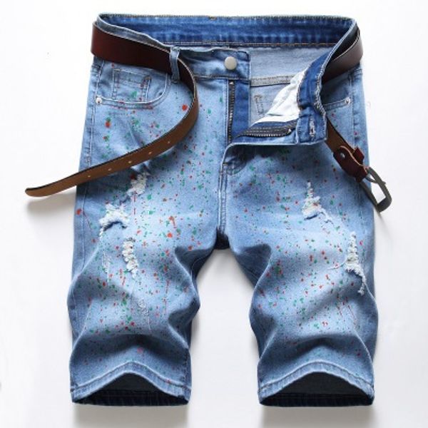 

men light blue ripped denim shorts summer holes short jean soft cotton stretch splash ink short knee length jeans