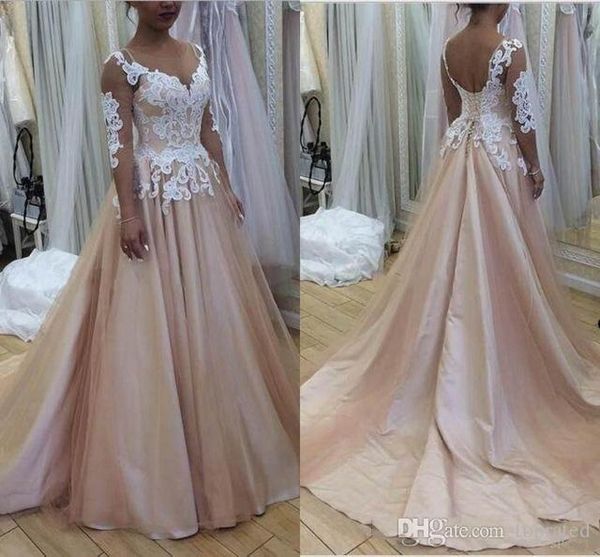 

new designer blush pink a line wedding dresses for western country garden sheer long sleeve appliqued corset back summer bride wedding gowns, White