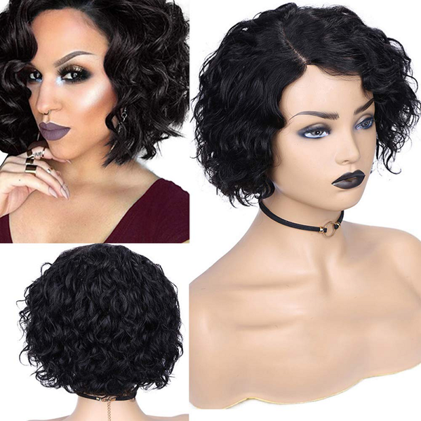 

short bob curly lace front wig pixie cut wig pre plucked 13x4 lace front human hair wigs glueless bob cut for women remy, Black;brown