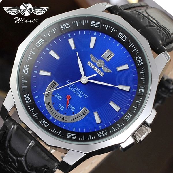 

winner watches irregular shape case blue dial sport clock calendar display men's mechanical automatic watches luminous hands, Slivery;brown