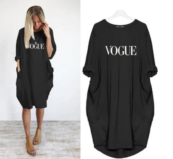 

summer women dresses plus size letter print womens casual dress loose big pocket fashion long sleeve ladies clothes, Black;gray