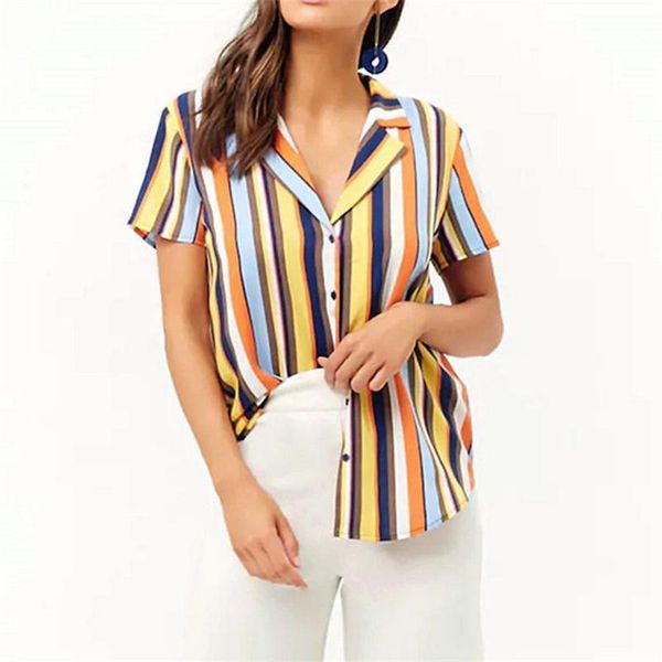 

women's european and american striped printed short-sleeved v-neck loose chiffon shirt fashion summer shirt casual short 41*, White