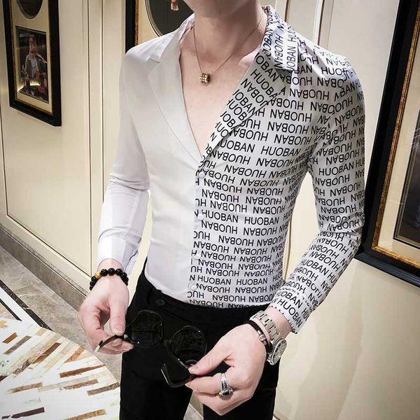 

british style long sleeve jacket v lead printing personality shirt camisas masculina social ropa hombre casual 2020 male shirt, White;black