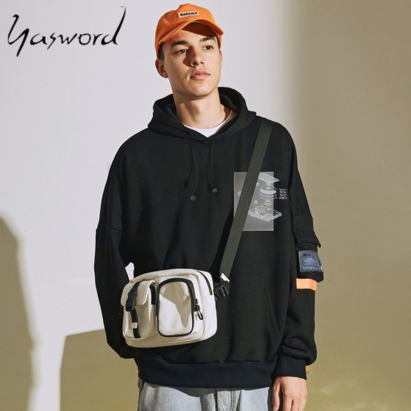 

yasword men hoodie casual spring loose hooded long sleeve sweatshirts fleece pullover male patchwork hiphop streetwear, Black