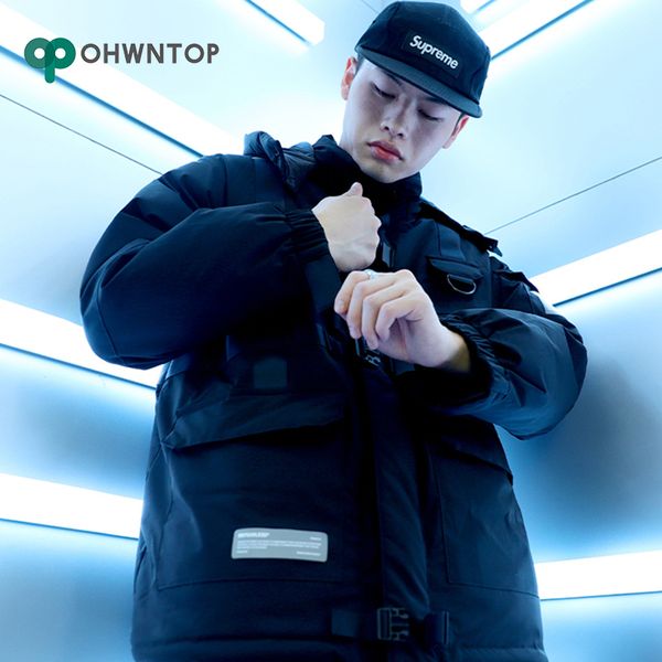 

winter warm jacket hip hop tactical jacket parka men streetwear button ribbon cotton pullover hooded solid thick outwear, Black