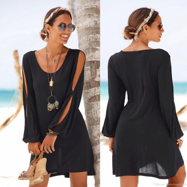 

spring summer crew neck casual loose apparel women summer mini dresses solid color long sleeve clothing, Black;gray