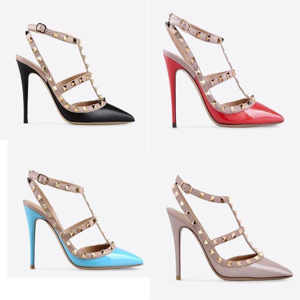 

women rock stud patent sandal t-strap with one strap across instep wedding rivets patent leather 10cm high heels sandal pumps dress shoes, Black