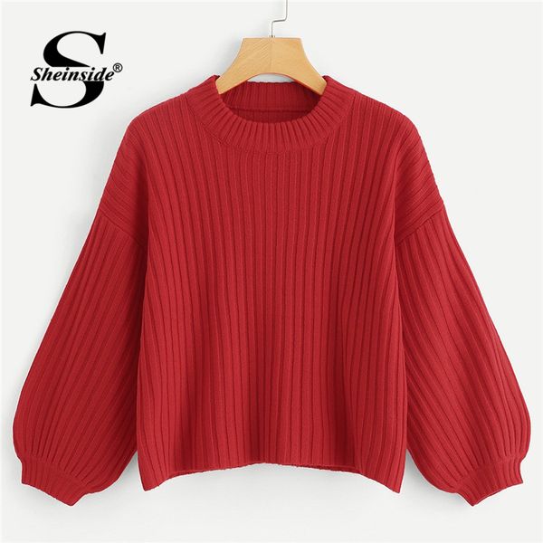 

sheinside red bishop sleeve solid jumper round neck ladies casual 2018 new autumn crop pullovers knitted elegant sweaters, White;black
