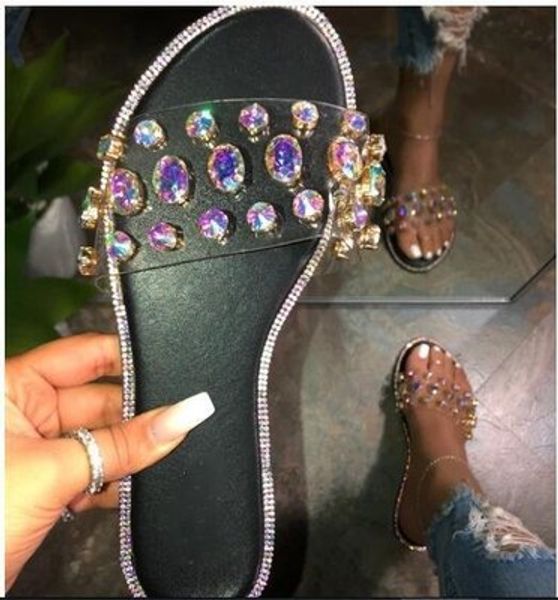 

women slippers new summer colorful rhinestone transparent flats women shoes casual outdoor beach ladies plus size slippers, Black