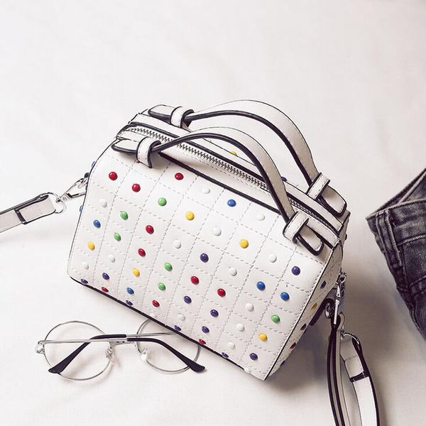 

british fashion new women handbags 2017 pu leather women bag hit color rivets boston bag shoulder messenger