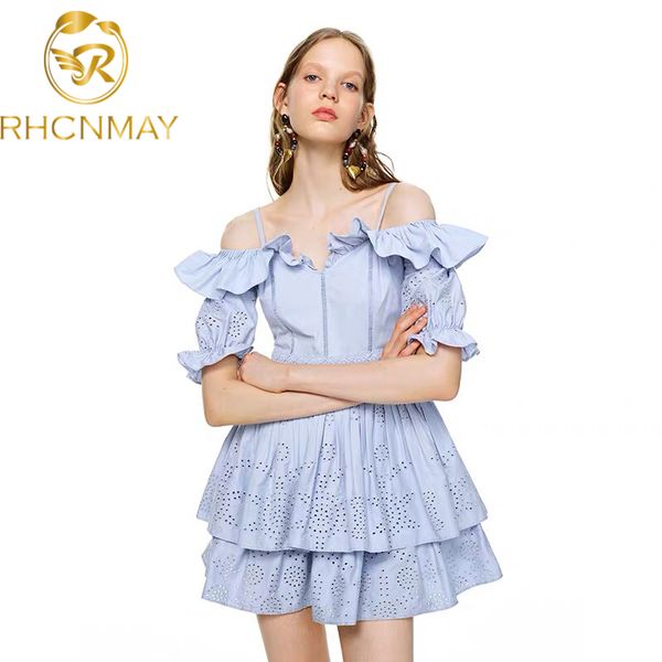 

new summer women dress slash neck off shoulder dresses ruffles hollow out embroidery cake dress blue ladies mini dresses, White;black