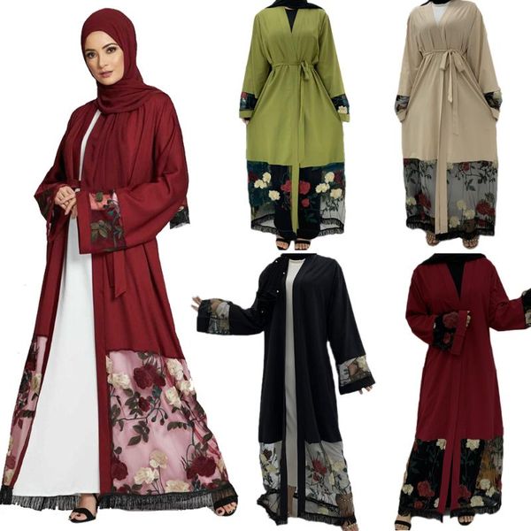 

muslim women open kimono embroidery patchwork abaya islamic ramadan arab jilbab kaftan maxi robe cardigan dubai turkish gown new, Red