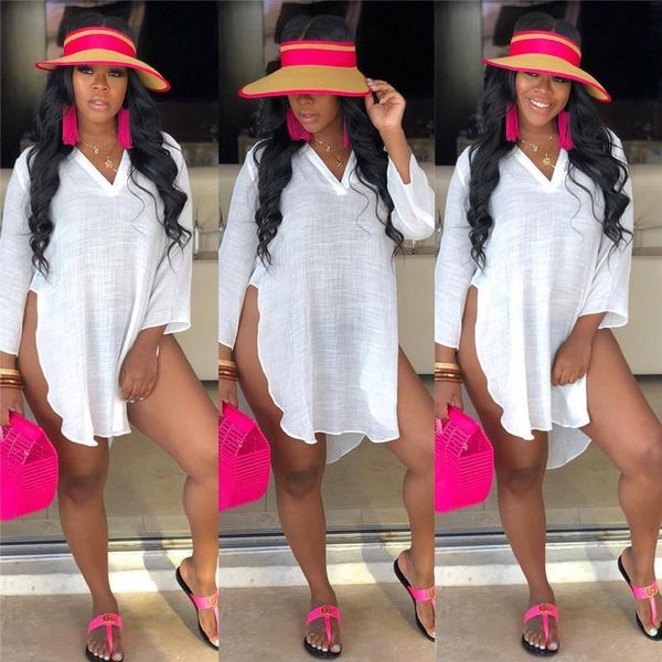 

белый v -образным вырезом женщин t рубашки лето пляж длинный повседневное свободные топы сплит разделиться конструктора тройники, White