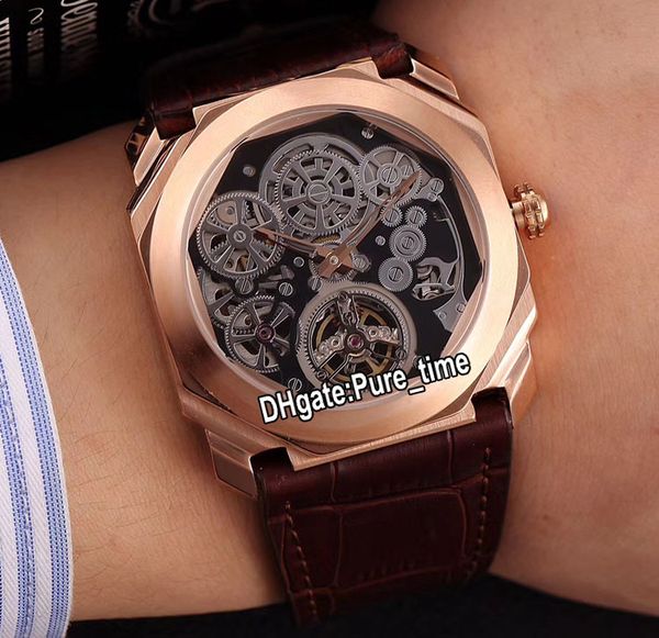 Melhor Edição Octo Finíssimo Tourbillon Case Gold Rose 102719 BGO40PLTBXTSK Preto Esqueleto Mens Automatic Assista Brown couro Gents Relógios