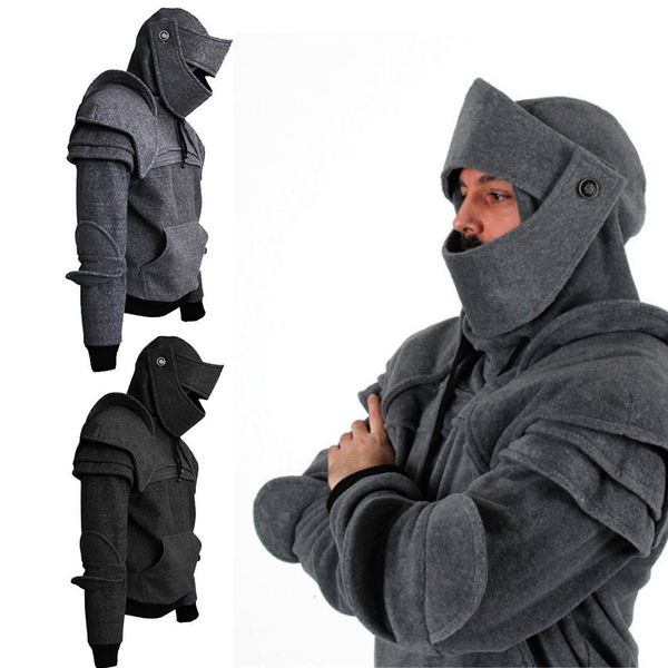 

vintage medieval knight men hoodies warrior soldier hooded sweatshirt male mask armor pullover cosplay costume plus size, Black