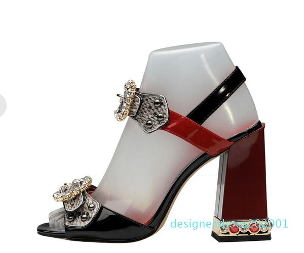 

faux snake skin block heels women sandals rome style ankle strap women pumps studded crystal buckle high heels shoes d1, Black