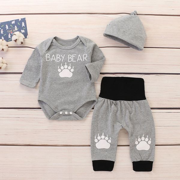 

3pcs infant baby boys&girls winter sets cartoon letter print romper bodysuit+pants+hat kids leisure outfits grey suits 3-24m, White