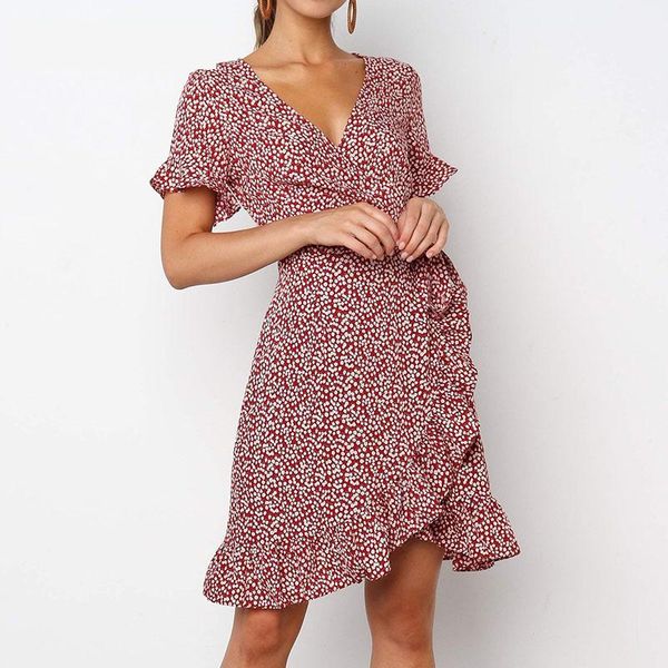 

лето цветочный принт boho рябить мини платье женщины 2020 a line с коротким рукавом элегантные вечерние платья sexy v образным вырезом оберн, Black;gray