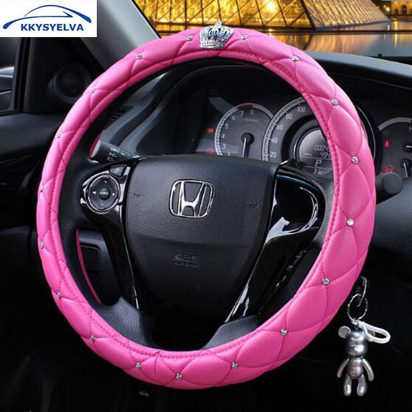 

kkysyelva 38cm women car steering wheel cover diamond pu leather black auto steering wheel covers interior accessories