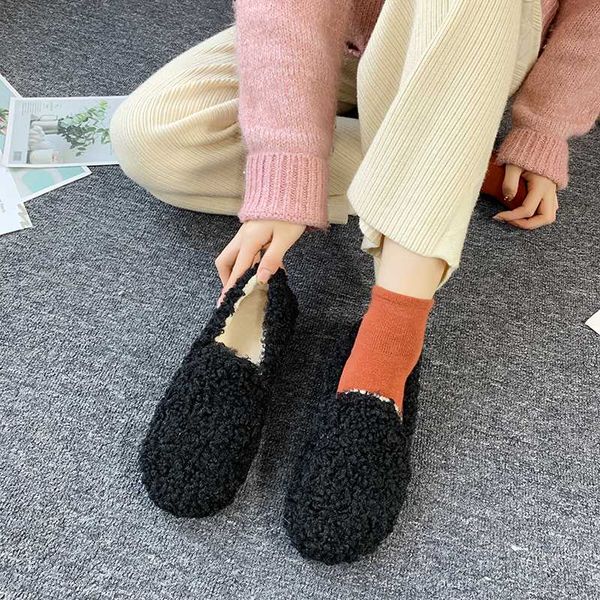 

korean shoes casual female sneakers round toe women autumn flats loafers fur women's moccasins all-match 2019 winter fall dress, Black