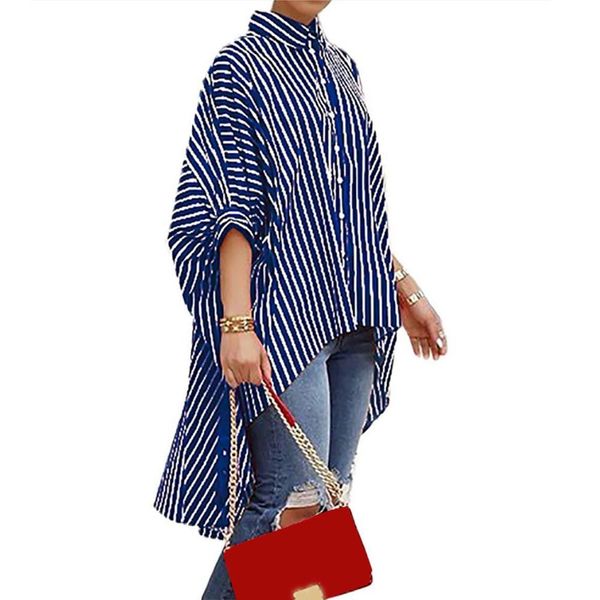 

striped batwing button shirt casual loose autumn fabala irregularnote:, White
