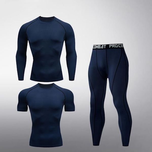 

tactical t-shirt running leggings 3-piece suit gym pants sport suit rashgard male compression sportswear workout clothing, Black;blue