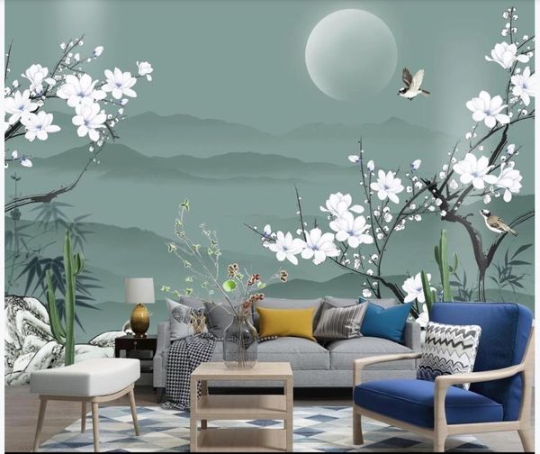 

new chinese style landscape magnolia flower bird background wall decoration painting window mural wallpaper