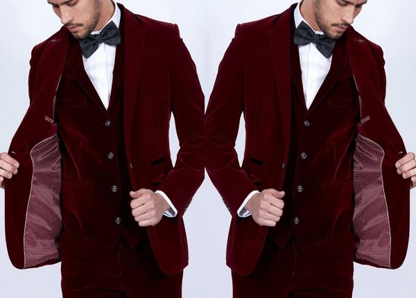 

custom made groom tuxedos burgundy velvet men suits slim fit 3 piece blazer tailor wine red groom prom party tuxedo(jacket pants vest, Black;gray