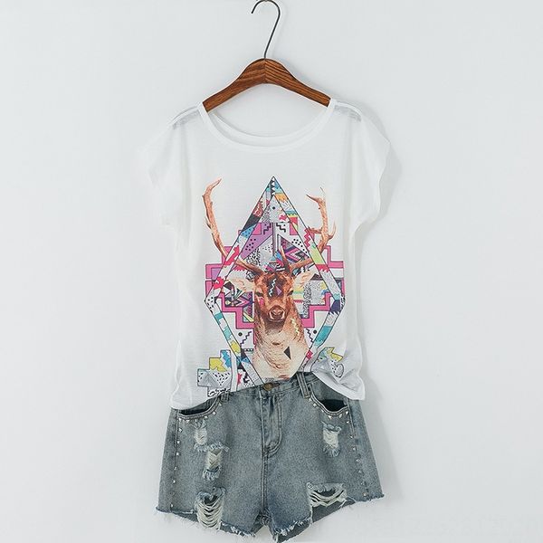 

печатная с коротким рукавом сова кошка летучая мышь печатная женская футболка с коротким рукавом сова кошка женская рубашка летучая мышь, White