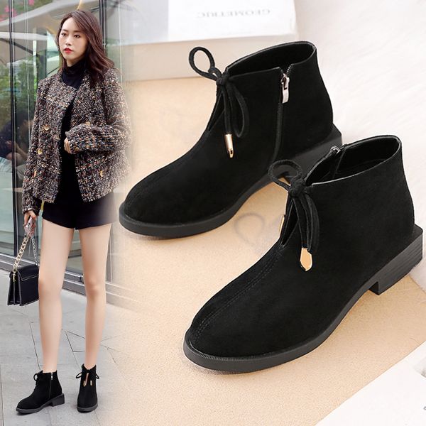 

bootee woman 2019 winter shoes women round toe med heel boots lace up booties ladies low heels booties mid calf high heel, Black