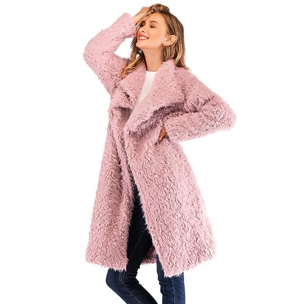 

women faux fur jacket winter warm coats 2018 women long sleeve oversize loose woollen jacket cardigan overcoat, Black