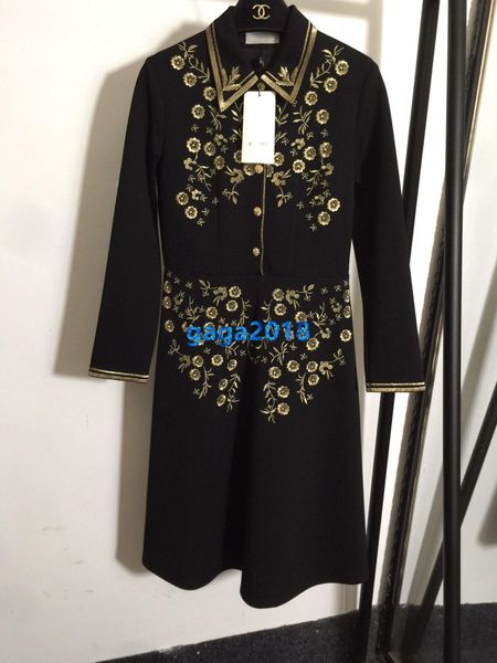 

high end женщины девушки миди рубашка платье лацкан шеи вышивка цветочный мотив однобортный с длинным рукавом a-line юбка мода дизайн платья, Black