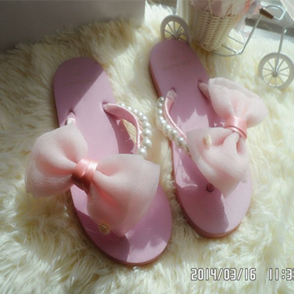 

chiffon bow small flower string pearl fresh flat light pink beach shoes, Black
