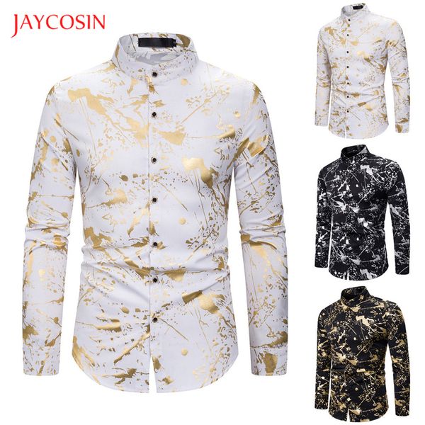 

joycosin 2019 winter new men shirt casual fashion male clothes splashing gold ink long sleeve men slim dress shirts, White;black