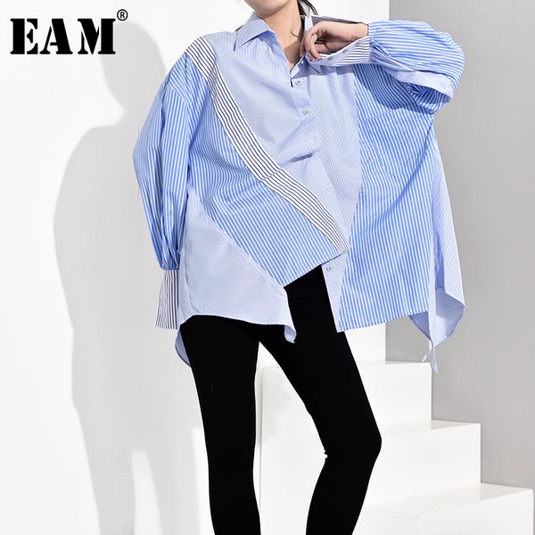 

eam] women blue striped asymmetrical oversized blouse new lapel long sleeve loose fit shirt fashion spring autumn 2019 jz6870, White