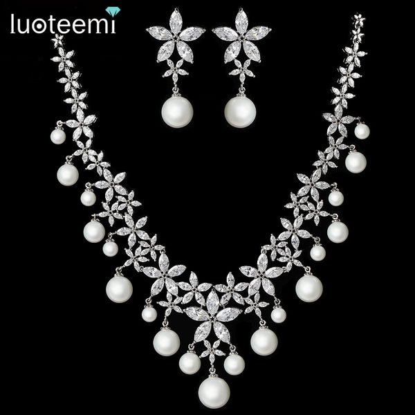 

luoteemi luxurious sweet white gold-color cubic zircon flowers imitation pearl waterdrop necklace earrings set wedding party jewelry set, Slivery;golden