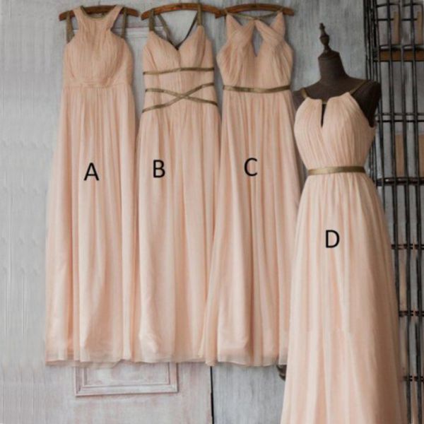 

blush pink long chiffon different styles bridesmaid dress halter sleeveless ruched wedding party guest gowns custom made, White;pink