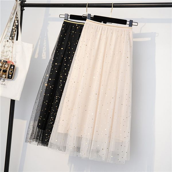 

skirts lucyever elegant women tulle skirt fashion sequined star summer mesh ladies long elastic high waist party white faldas, Black