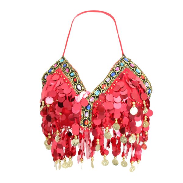 

womens sparkling belly dance bra sequins tassel coins samba dancing costume, Black;red