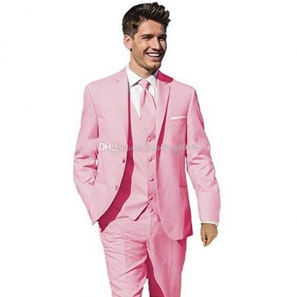 Ultimo disegno Due bottoni rosa smoking dello sposo del risvolto della tacca Groomsmen abiti uomo da sposa / Prom / Cena Blazer (Jacket + Pants + Vest + Tie) K178