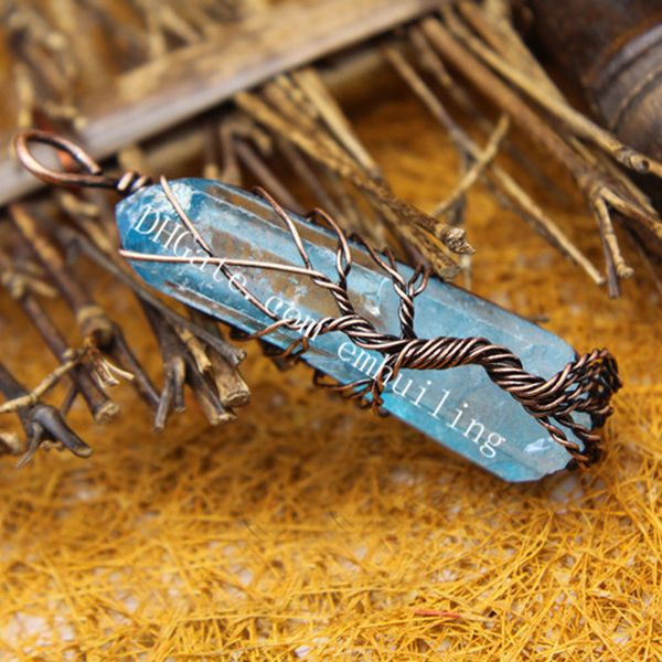 10pcs Baum des Lebens Chakra Edelstein versilbert antike Bronze Wire Wrap unregelmäßige raue blaue Aura klar Quarz Punkt Kristall Zauberstab Anhänger